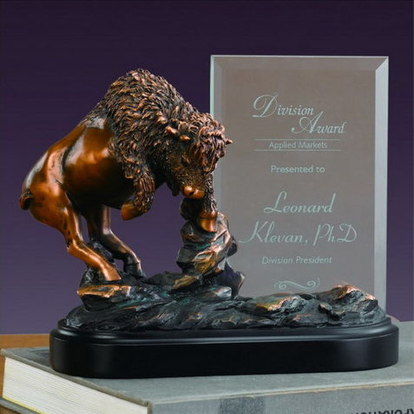 buffalo sculpture with an imprintable Glass frame Awards tributes